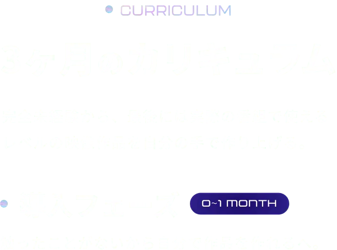 3ヶ月のカリキュラム 完全未経験から、最後には実際の番組で使えるレベルの映像作品を自分の手で作り上げる。