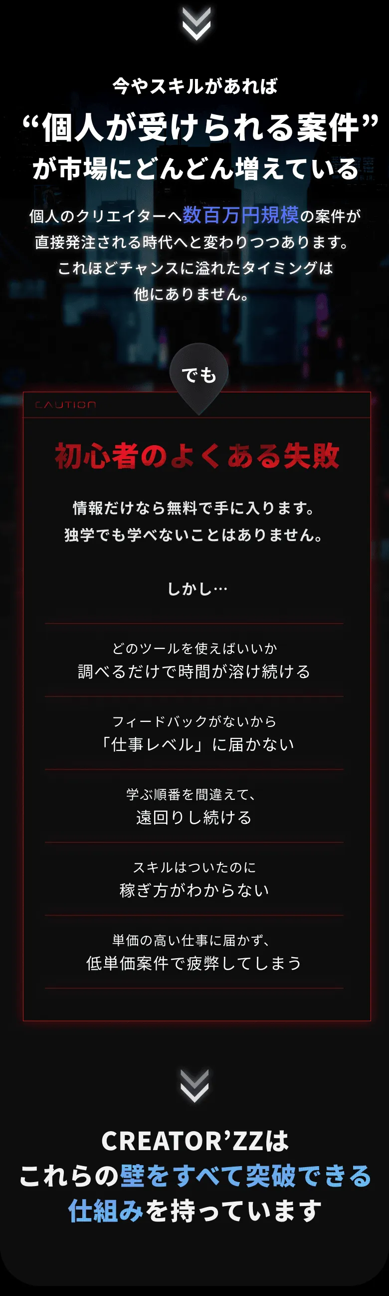 生成AI × 動画編集のスキルを持った人にとって、これほどチャンスに溢れたタイミングは他にありません。クリエーターズはこれらの壁をすべて突破できる仕組みを持っています